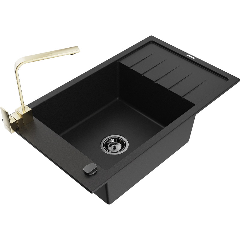 Mexen Elias granite kitchen sink 1-bowl with drainer and kitchen faucet Rita, black - 6511-77-670300-50-B
