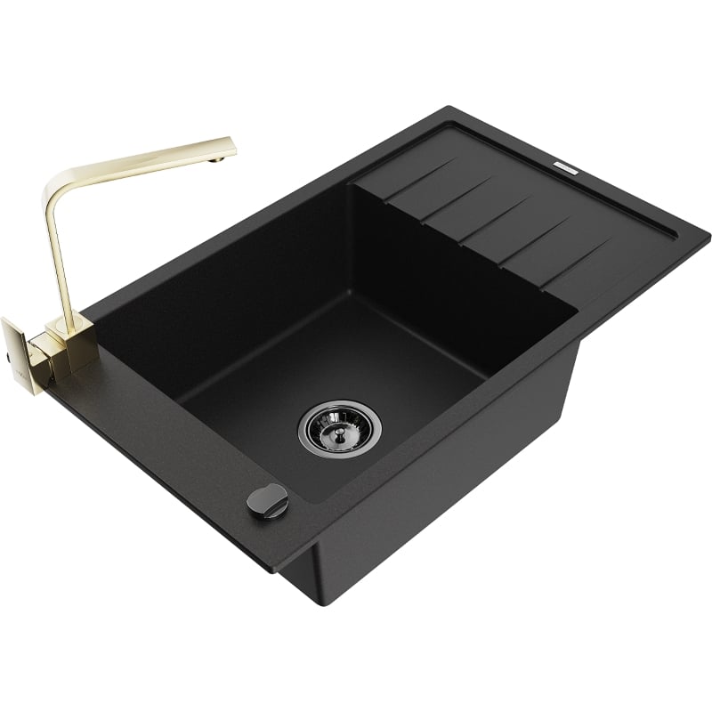 Mexen Elias granite kitchen sink single-bowl with drainer and kitchen faucet Rita, black - 6511-77-670300-50-B