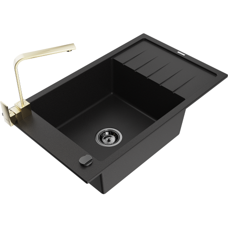 Mexen Elias 1-compartment granite sink with a drip tray and kitchen mixer tap Rita, Black - 6511-77-670300-50-B