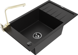 Mexen Elias granite kitchen sink 1-bowl with drainer and kitchen faucet Rita, black - 6511-77-670300-50-B