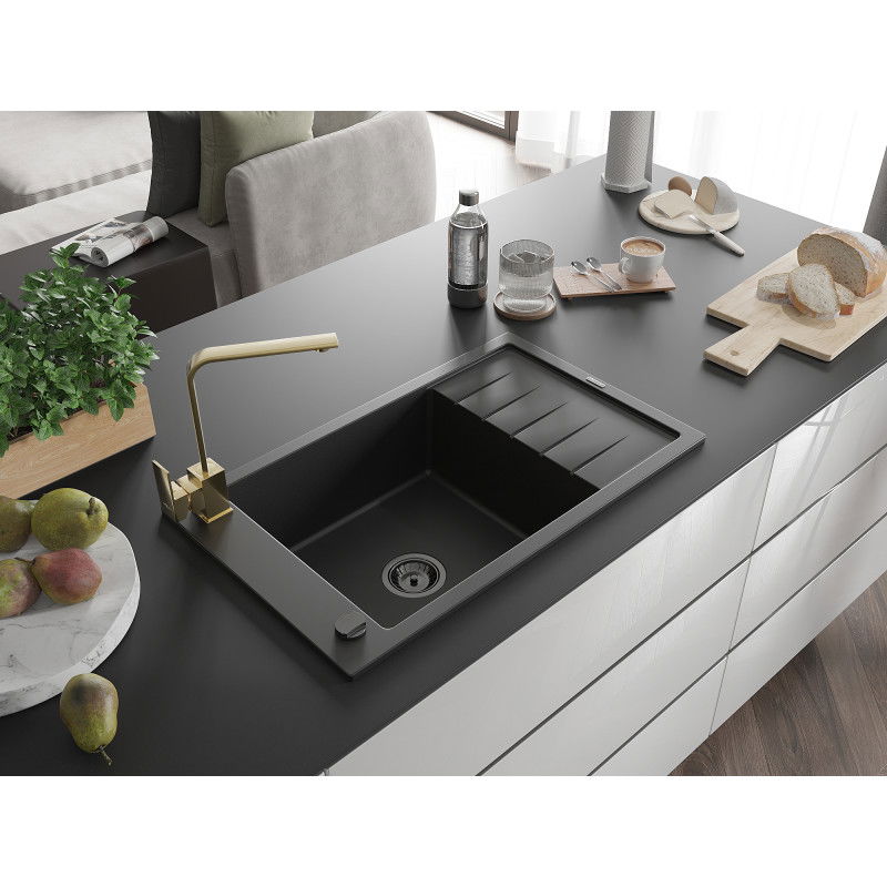 Mexen Elias 1-bowl granite sink with drainer and Rita kitchen tap, black - 6511-77-670300-50-B