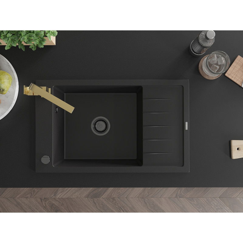 Mexen Elias 1-bowl granite sink with drainer and Rita kitchen tap, black - 6511-77-670300-50-B