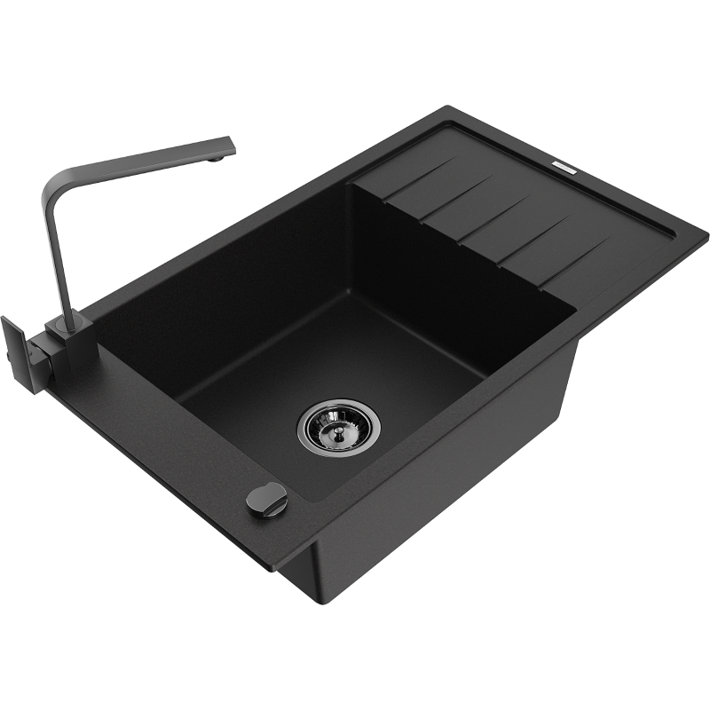 Mexen Elias 1-compartment granite sink with a drip tray and kitchen mixer tap Rita, Black - 6511-77-670300-70-B