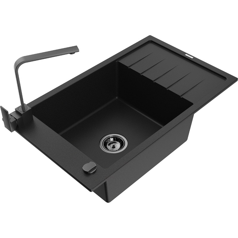 Mexen Elias granite sink with 1 basin, drainboard, and kitchen faucet Rita, black - 6511-77-670300-70-B