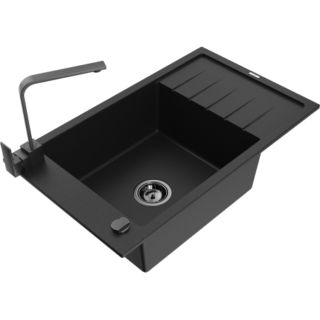 Mexen Elias granite kitchen sink single-bowl with drainer and kitchen faucet Rita, black - 6511-77-670300-70-B