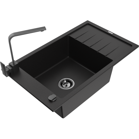 Mexen Elias granite sink 1-bowl with drainer and Rita kitchen tap, black - 6511-77-670300-70-B