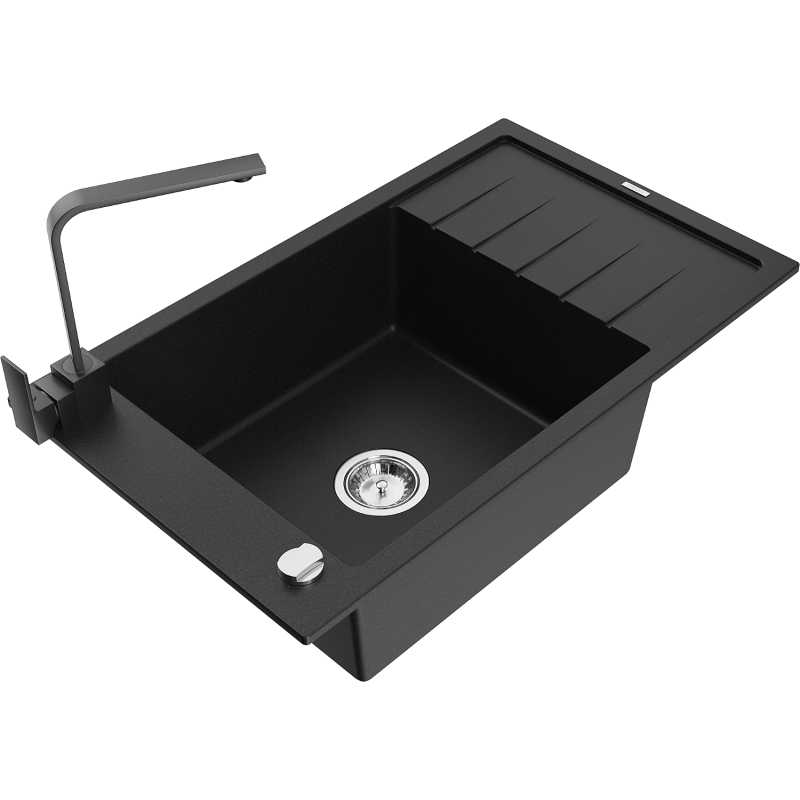 Mexen Elias 1-compartment granite sink with a drip tray and kitchen mixer tap Rita, Black - 6511-77-670300-70