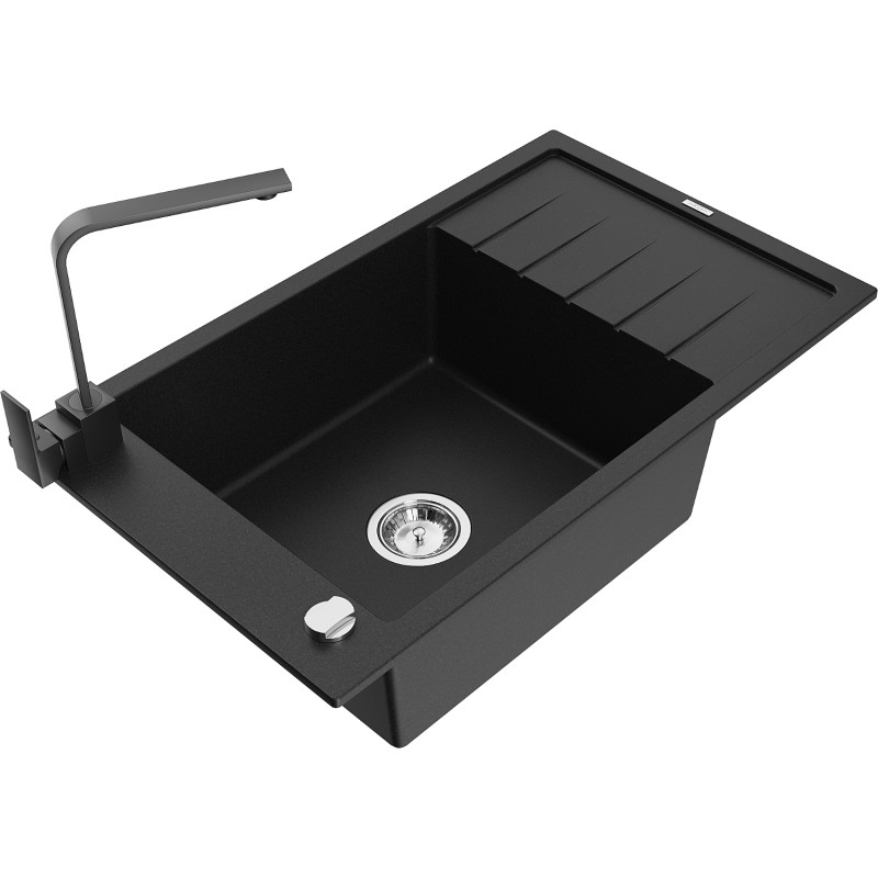 Mexen Elias granit sink 1-bowl with drainer and kitchen faucet Rita, black - 6511-77-670300-70