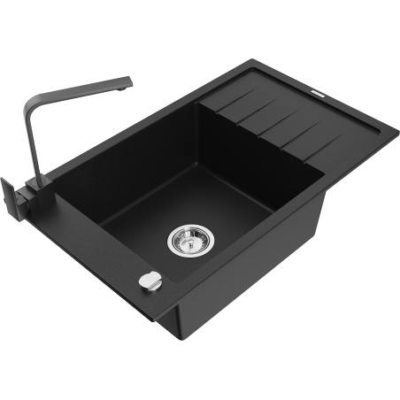 Mexen Elias 1-compartment granite sink with a drip tray and kitchen mixer tap Rita, Black - 6511-77-670300-70