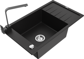 Mexen Elias granit sink 1-bowl with drainer and kitchen faucet Rita, black - 6511-77-670300-70