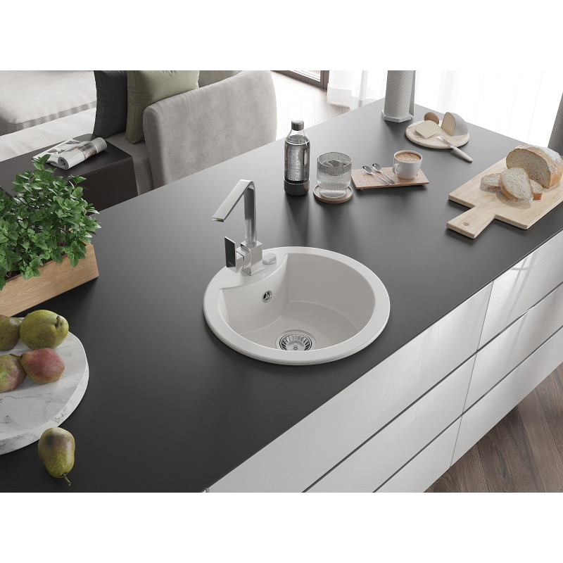 Mexen Diego granite kitchen sink 1-bowl with Rita kitchen faucet, white - 6512-20-670300-00