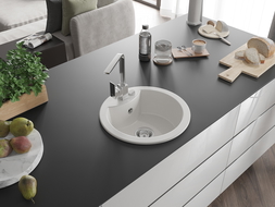 Mexen Diego 1-compartment granite sink with a kitchen mixer tap Rita, White - 6512-20-670300-00