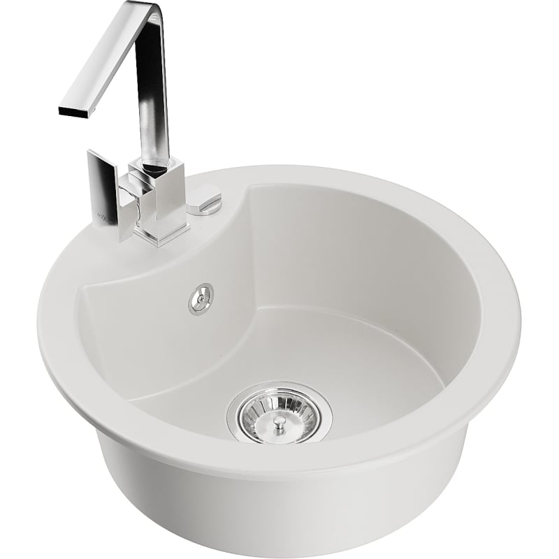 Mexen Diego granite kitchen sink 1-bowl with Rita kitchen faucet, white - 6512-20-670300-00