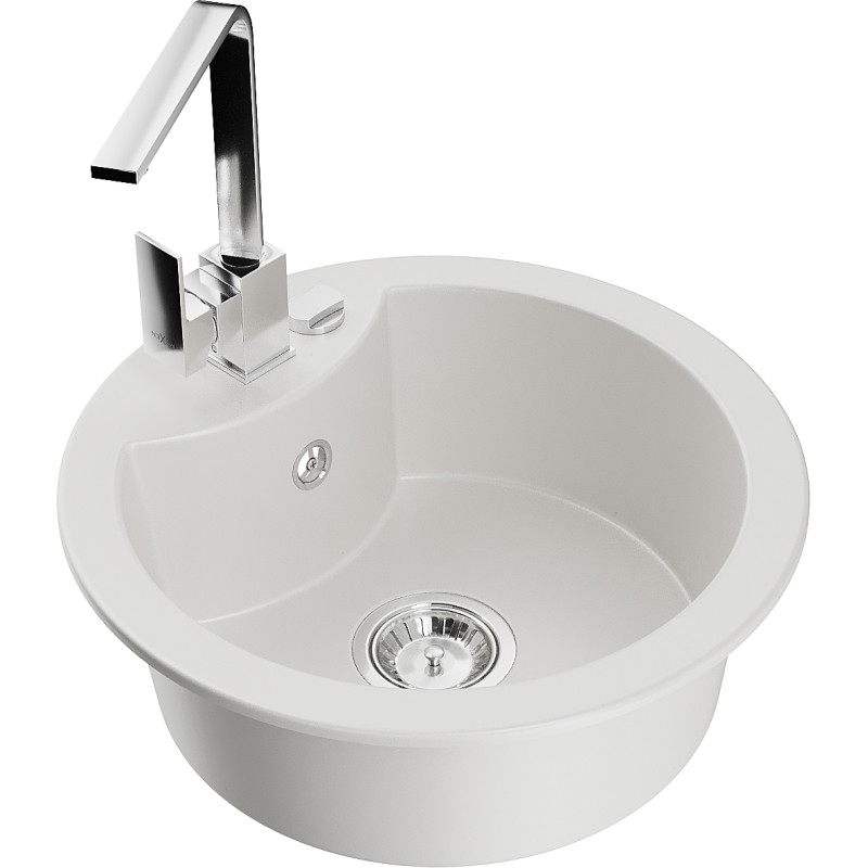 Mexen Diego granite kitchen sink single-bowl with kitchen faucet Rita, white - 6512-20-670300-00