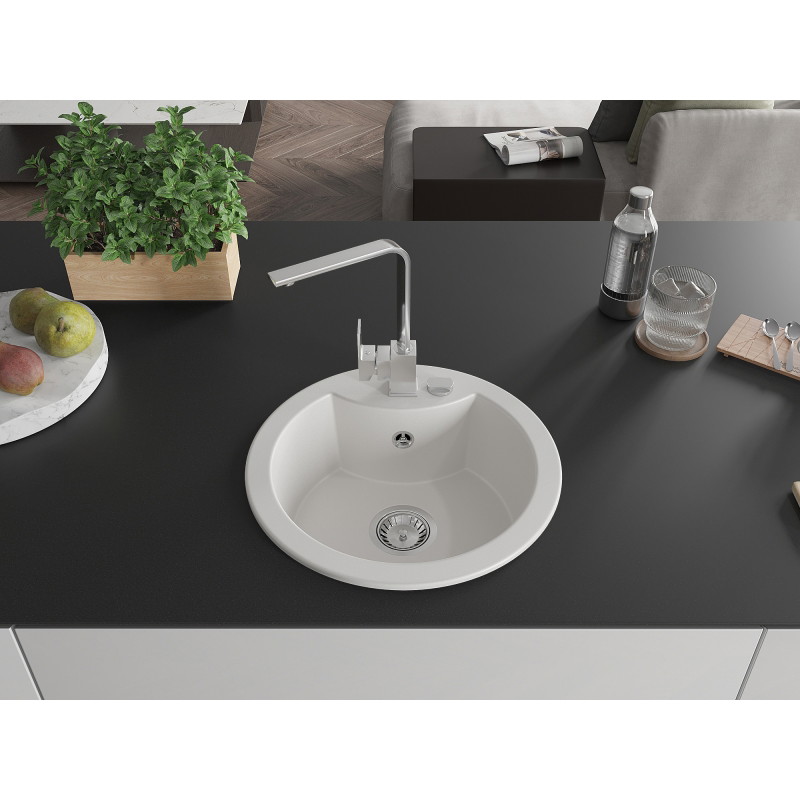 Mexen Diego granite kitchen sink 1-bowl with Rita kitchen faucet, white - 6512-20-670300-00