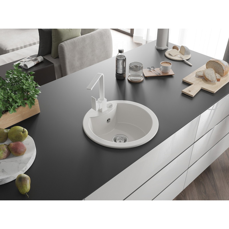 Mexen Diego 1-bowl granite sink with Rita kitchen faucet, white - 6512-20-670300-20