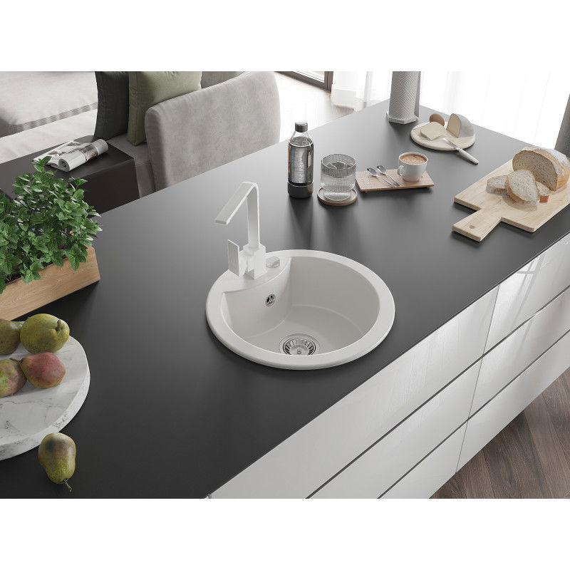 Mexen Diego single-bowl granite kitchen sink with Rita kitchen tap, white - 6512-20-670300-20