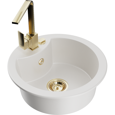 Mexen Diego 1-compartment granite sink with a kitchen mixer tap Rita, White - 6512-20-670300-50