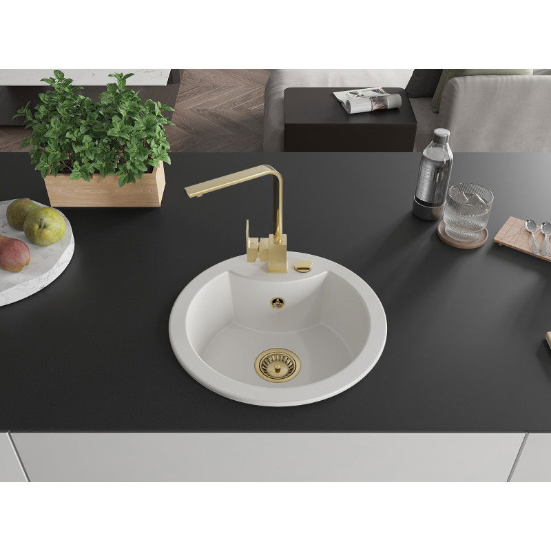 Mexen Diego 1-Bowl Granite Kitchen Sink with Rita Kitchen Tap, White - 6512-20-670300-50