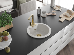 Mexen Diego 1-compartment granite sink with a kitchen mixer tap Rita, White - 6512-20-670300-50