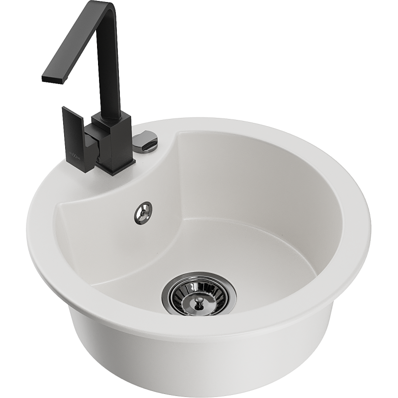 Mexen Diego 1-compartment granite sink with a kitchen mixer tap Rita, White - 6512-20-670300-70
