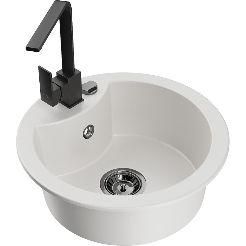 Mexen Diego Granite Kitchen Sink, 1-bowl with Rita Faucet, White - 6512-20-670300-70