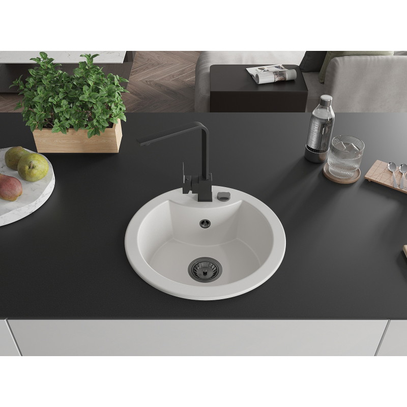 Mexen Diego Granite Kitchen Sink, 1-bowl with Rita Faucet, White - 6512-20-670300-70