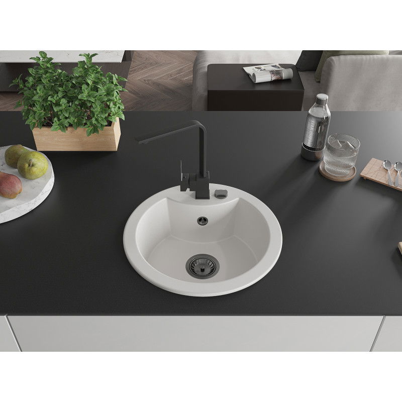 Mexen Diego single-bowl granite sink with Rita kitchen tap, white - 6512-20-670300-70
