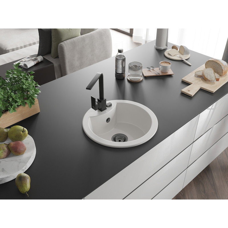 Mexen Diego Granite Kitchen Sink, 1-bowl with Rita Faucet, White - 6512-20-670300-70