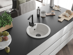 Mexen Diego 1-compartment granite sink with a kitchen mixer tap Rita, White - 6512-20-670300-70
