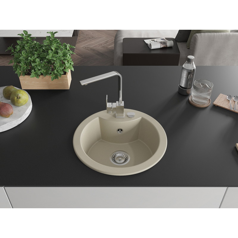 Mexen Diego granite kitchen sink 1-bowl with Rita kitchen faucet, beige - 6512-69-670300-00