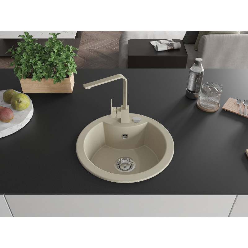 Mexen Diego granite kitchen sink 1-bowl with kitchen faucet Rita, beige - 6512-69-670300-69