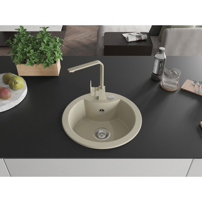 Mexen Diego granite sink single bowl with Rita kitchen tap, beige - 6512-69-670300-69