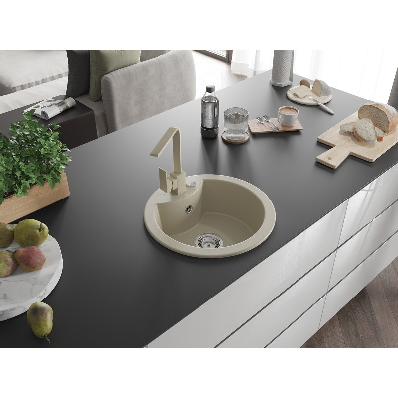 Mexen Diego granite kitchen sink with 1 bowl and Rita kitchen faucet, beige - 6512-69-670300-69