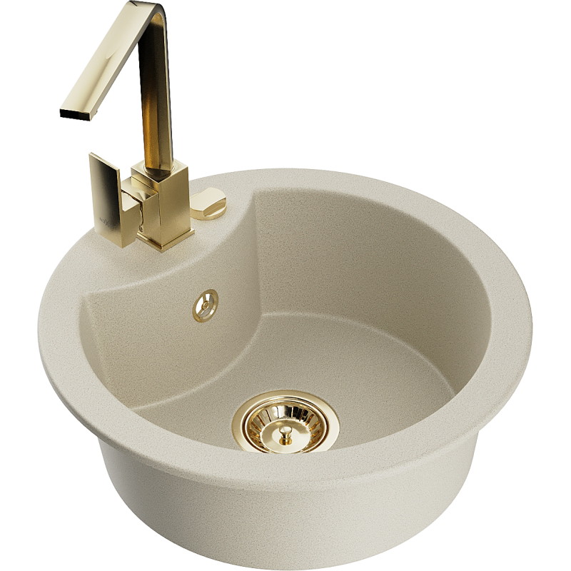 Mexen Diego granite kitchen sink 1-bowl with Rita kitchen faucet, beige - 6512-69-670300-50
