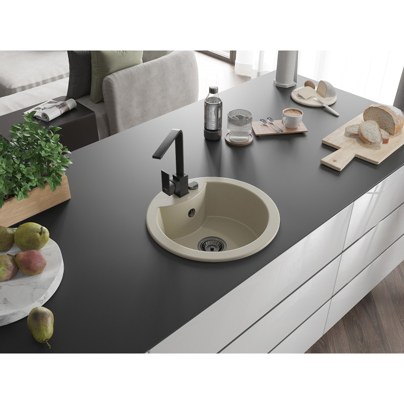 Mexen Diego 1-bowl granite kitchen sink with Rita faucet, beige - 6512-69-670300-70