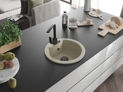 Mexen Diego 1-compartment granite sink with a kitchen mixer tap Rita, Beige - 6512-69-670300-70