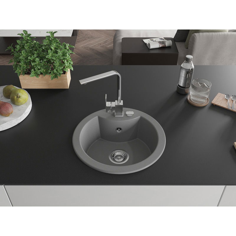 Mexen Diego 1-bowl granite sink with Rita kitchen tap, grey - 6512-71-670300-00