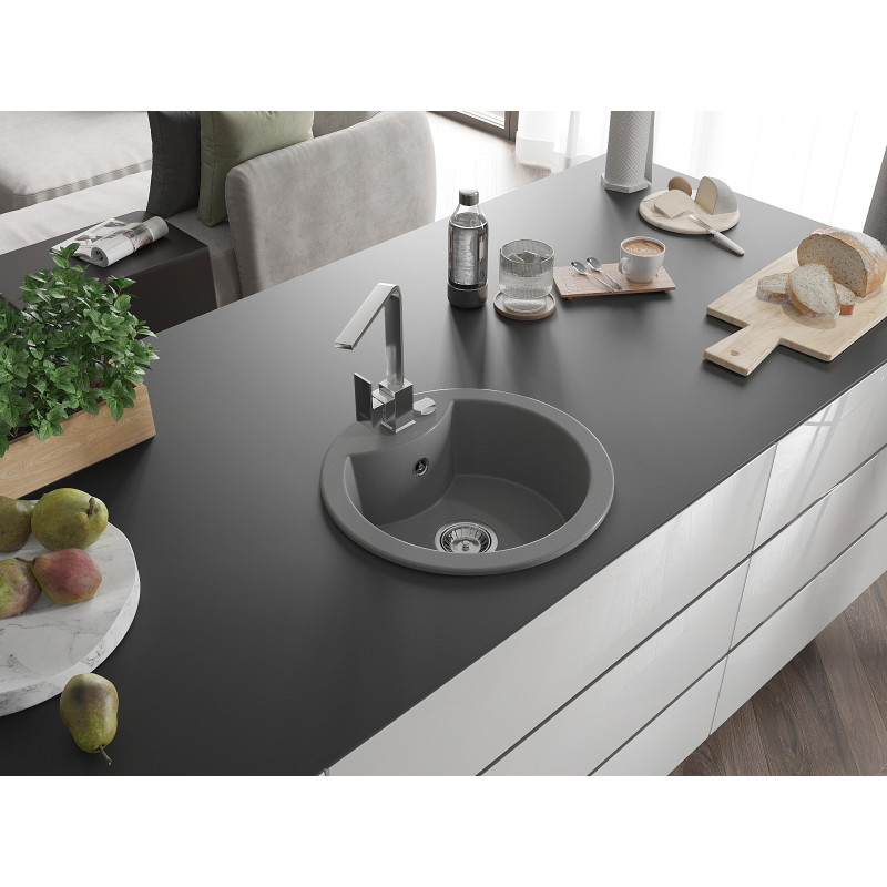 Mexen Diego 1-bowl granite sink with Rita kitchen faucet, gray - 6512-71-670300-00