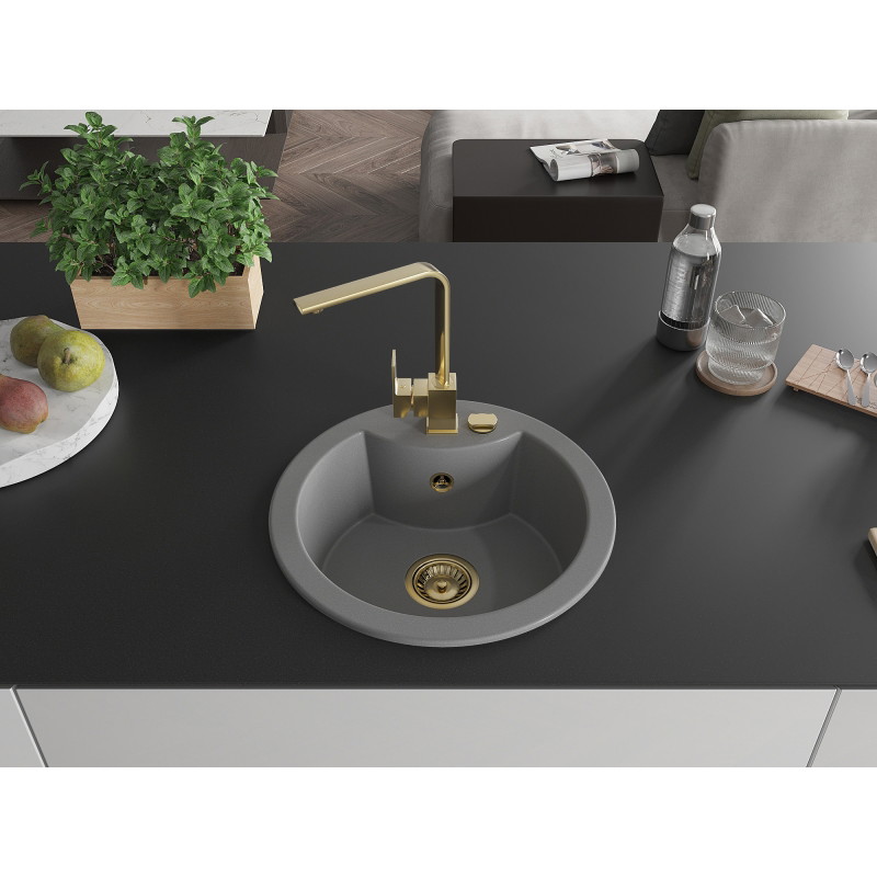 Mexen Diego 1-bowl granite sink with Rita kitchen faucet, gray - 6512-71-670300-50