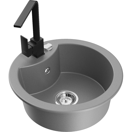 Mexen Diego granite kitchen sink single bowl with Rita kitchen faucet, gray - 6512-71-670300-70