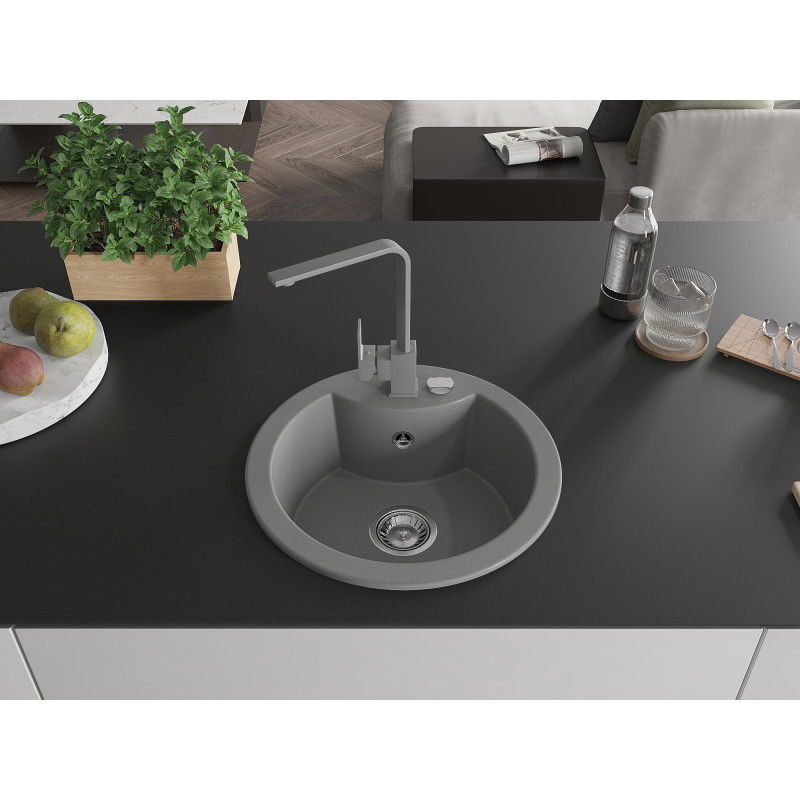 Mexen Diego granite sink 1-bowl with Rita kitchen tap, grey - 6512-71-670300-71