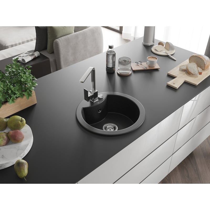Mexen Diego granite kitchen sink 1-bowl with Rita kitchen faucet, black/silver metallic - 6512-73-670300-00