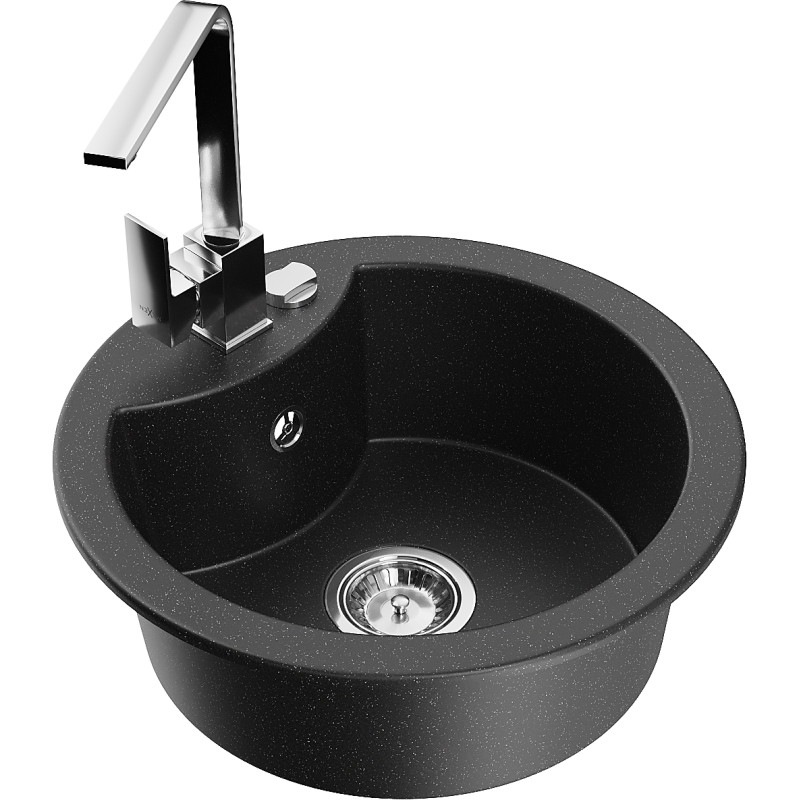 Mexen Diego single-bowl granite sink with Rita kitchen faucet, black/silver metallic - 6512-73-670300-00