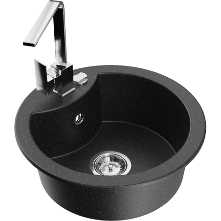 Mexen Diego granite kitchen sink 1-bowl with Rita kitchen faucet, black/silver metallic - 6512-73-670300-00