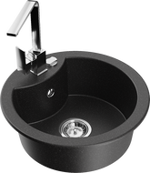 Mexen Diego single-bowl granite sink with Rita kitchen faucet, black/silver metallic - 6512-73-670300-00