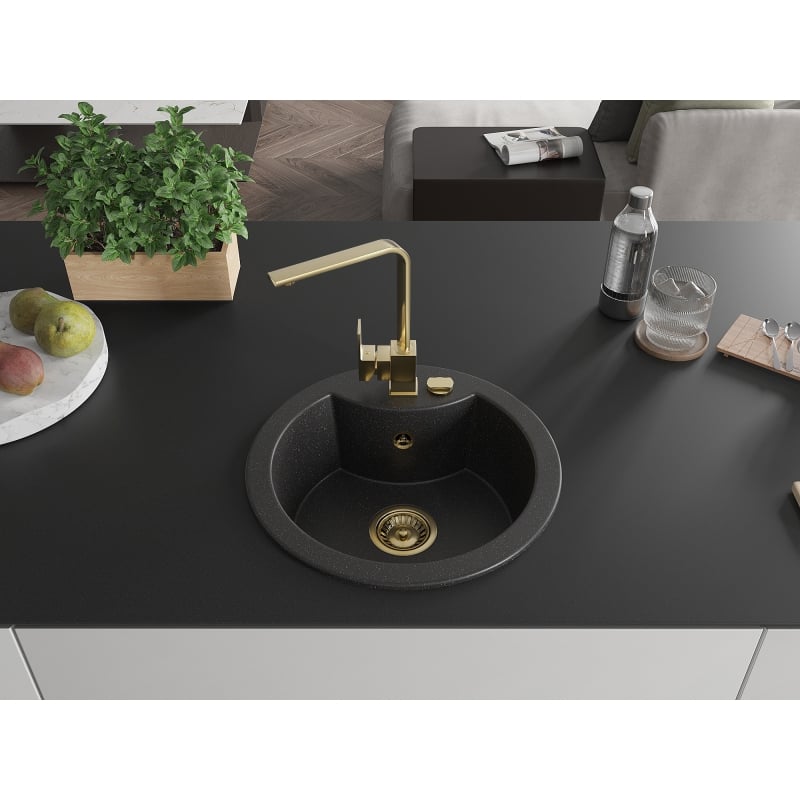Mexen Diego single-bowl granite kitchen sink with Rita faucet, black/silver metallic - 6512-73-670300-50
