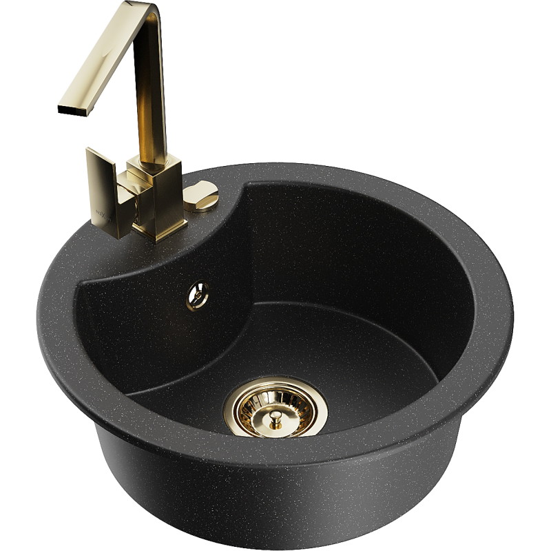 Mexen Diego single-bowl granite kitchen sink with Rita faucet, black/silver metallic - 6512-73-670300-50