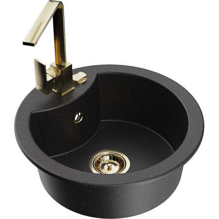 Mexen Diego granite sink 1-bowl with Rita kitchen faucet, black/silver metallic - 6512-73-670300-50