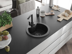 Mexen Diego granite kitchen sink 1-bowl with Rita kitchen faucet, black/silver metallic - 6512-73-670300-70-B